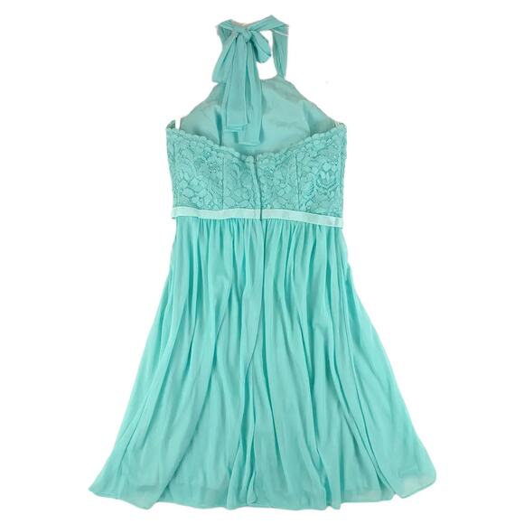 David's Bridal Short Lace Mesh Dress with Halter Neckline, Aqua, Missy Sz 6 Prom - Picture 4 of 7